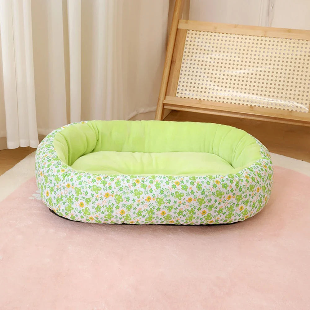 Kawaii Bolster Sofa Bed for Cats & Dogs – Soft Cotton All-Season Pet Nest with Raised Border (4 Colors, S–L)