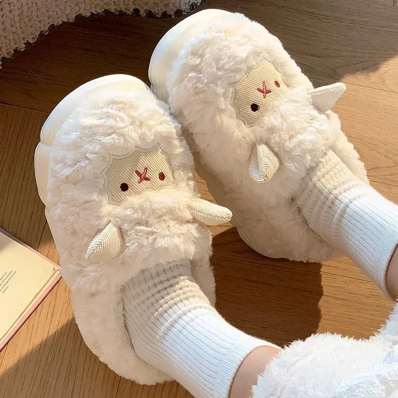 Winter Cartoon Plush Slippers Warm Fluffy Faux Fur Sheep Design Indoor Home Couple Cotton Slippers for Men And Women