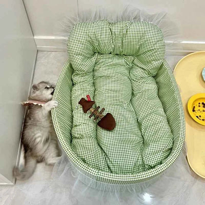 Kawaii Macaroon Princess Pet Bed – Soft Plaid & Mesh Skirt Cat & Dog Nest with Removable Cover (3 Colors)