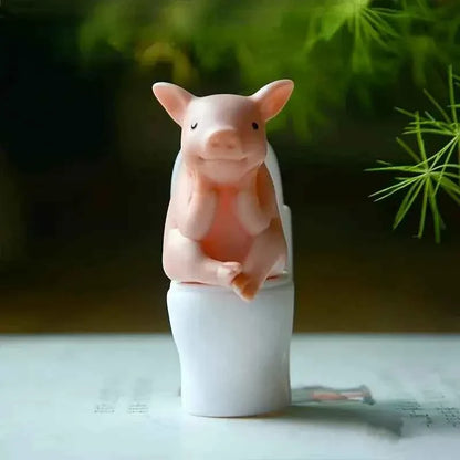 Adorable Pink Pig on Toilet Figurine - Whimsical PVC Decor