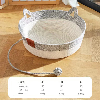 Japanese Hand-Woven Rattan Cat Basket – Summer Cooling Round Pet Bed, Cotton Rope, Optional Cushion, 3 Colors & 3 Sizes