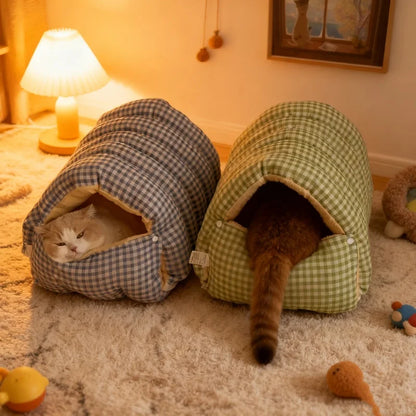 Kawaii Thermal Plush Pet Cave Bed – Cozy Enclosed Sleeping Bag House for Cats & Small Dogs (10 Colors)