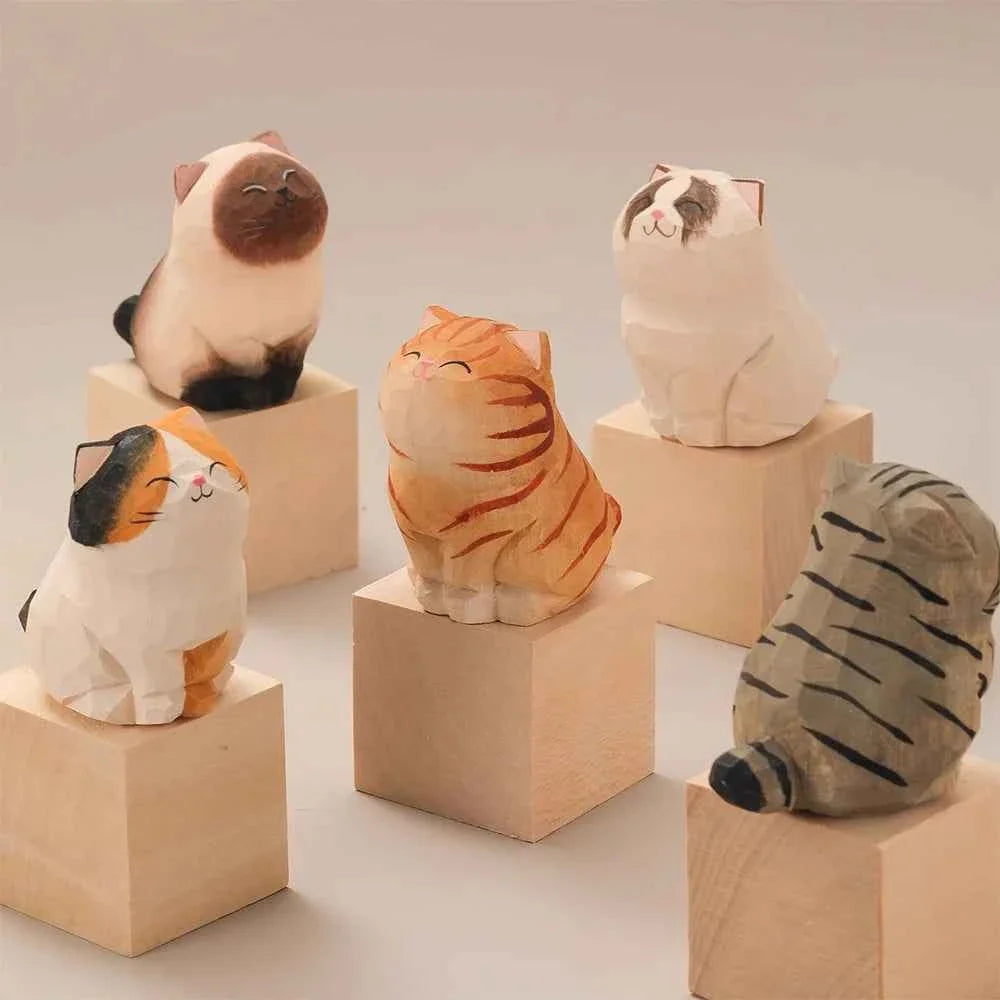 Handcrafted wood carving kitten statue Desk accessories Cat