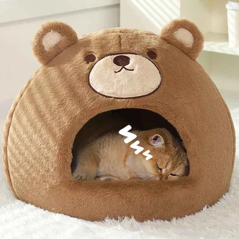 Kawaii Bear Cat Cave House – Soft Velvet & Plush Winter Warm Indoor Kitten Nest (S & M)