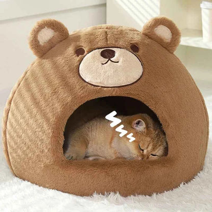 Kawaii Bear Cat Cave House – Soft Velvet & Plush Winter Warm Indoor Kitten Nest (S & M)