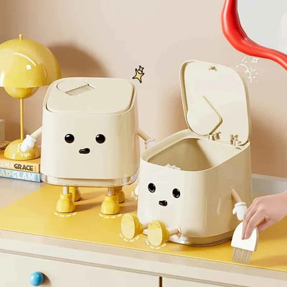 Cute Push-On Mini Trash Can Brush Compact Desktop Can