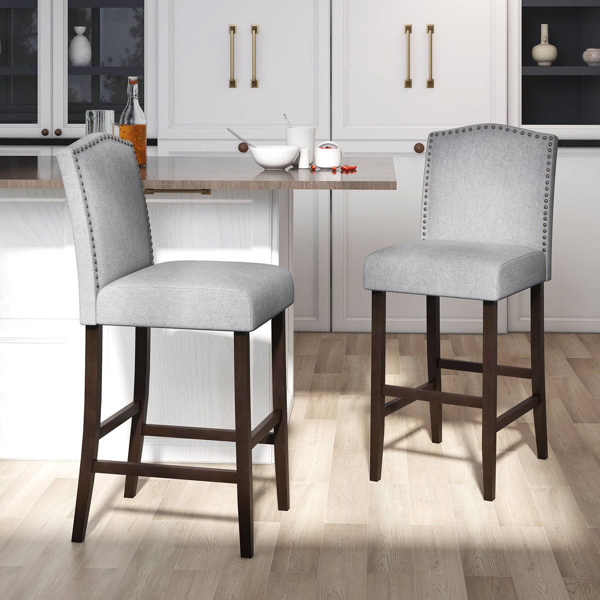 Set of 2 Bar Height Dining Side Barstools with Thick Cushion-Gray