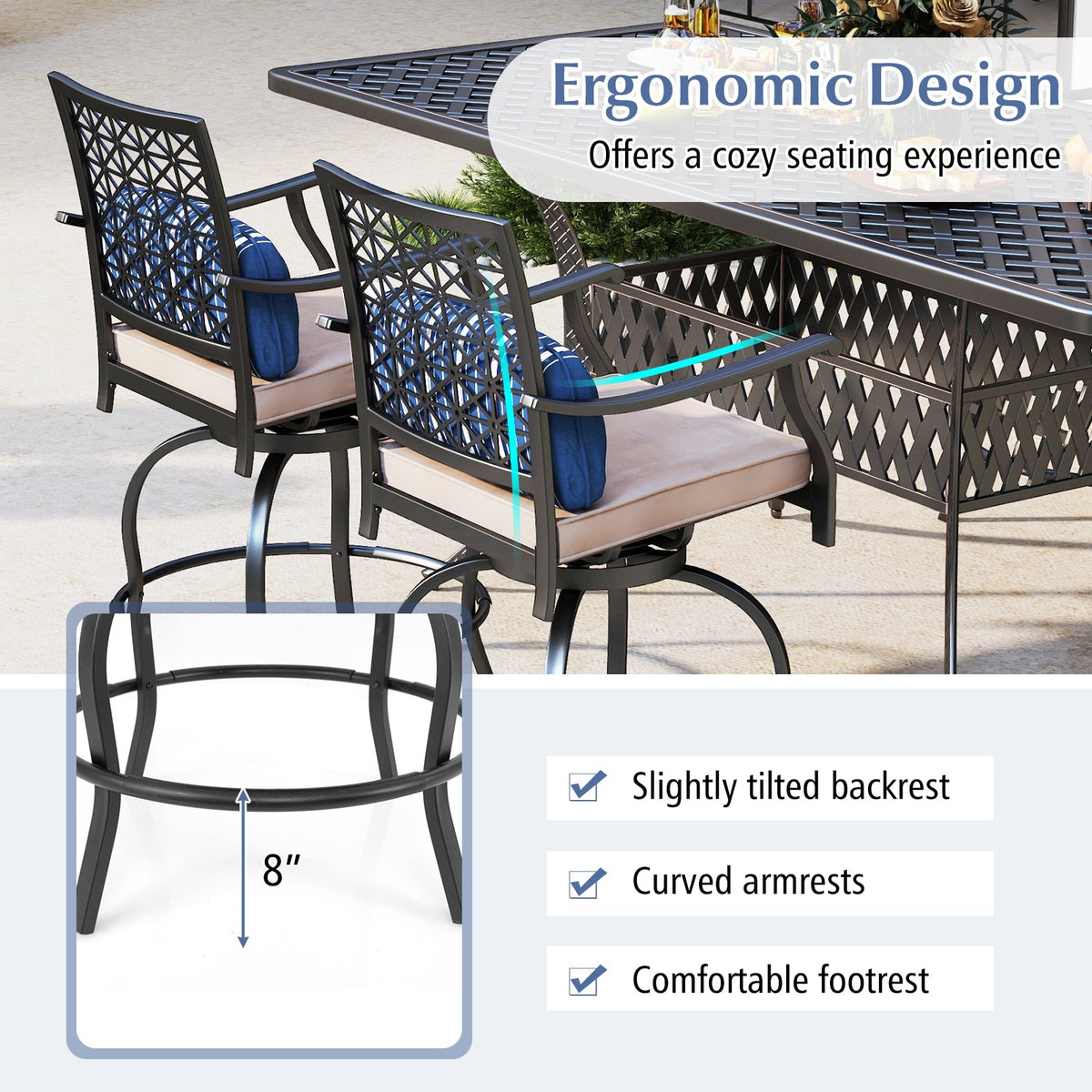 Set of 2 Outdoor Bar Height Chair with Soft Cushions