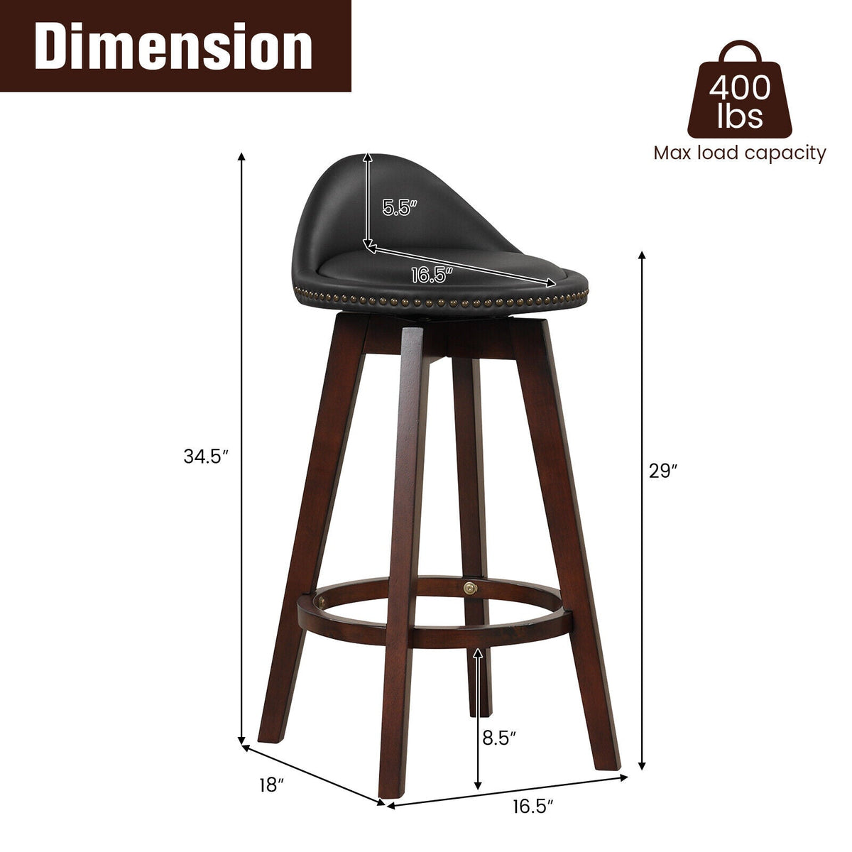 2 Pieces Cushioned Swivel Bar Stool Set with Low Back-Black