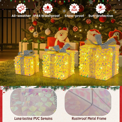 Set of 3 Christmas Lighted Gift Boxes with Pre-lit 90 LED Light and Bows