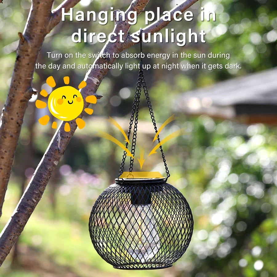 Outdoor Solar Iron Lantern Led Solar Lights Waterproof Decorative Hanging Lights for Tree Garden Yard Patio Pathway Dusk-to-dawn