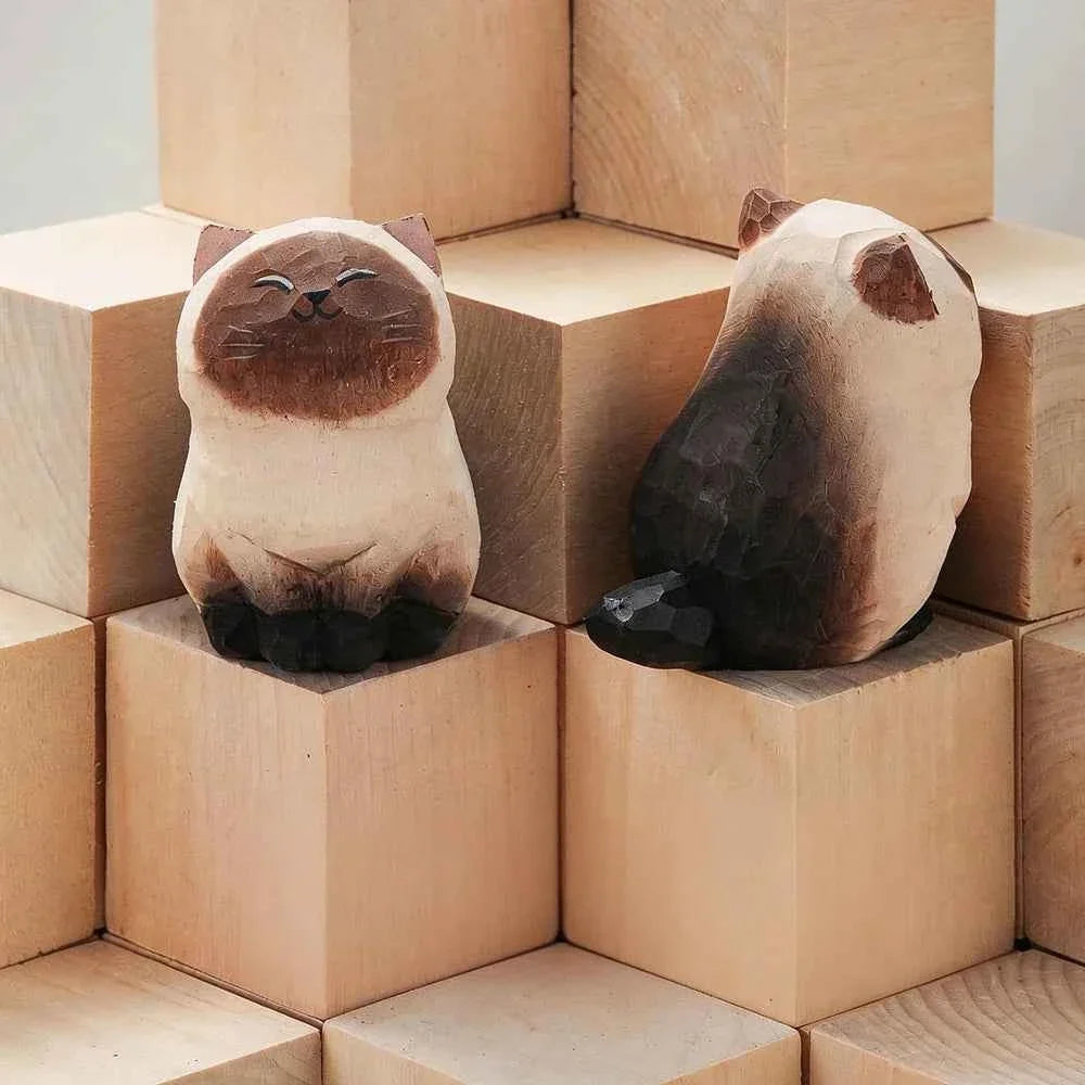 Handcrafted wood carving kitten statue Desk accessories Cat