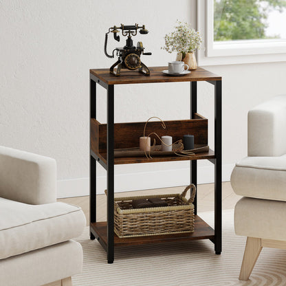 Side End Table with Charging Station and Open Shelves-Rustic Brown