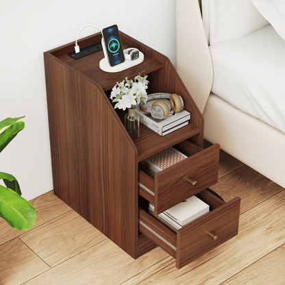 Side End Table with Charging Station Sofa Couch Table with Shelf Drawers