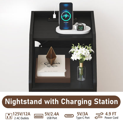 Side End Table with Charging Station Sofa Couch Table with Shelf Drawers
