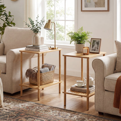 Side Table Set of 2 2-Tier Bamboo End Table with Storage Shelves Rectangular Tea Sofa Table-Natural
