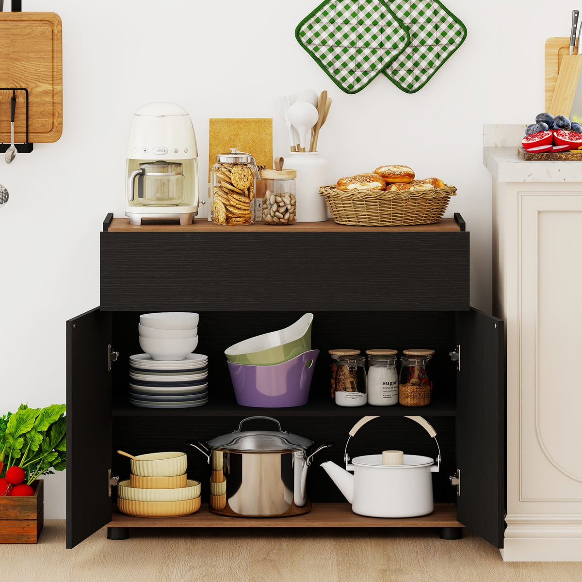 Sideboard Buffet Cabinet with Storage Wooden Kitchen Storage Cabinet-Black