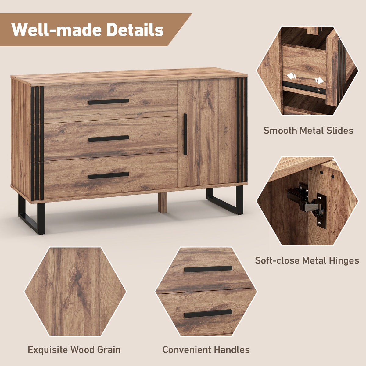 Sideboard Buffet Cabinet Credenza Storage Cabinet with 3 Drawers-Rustic Brown