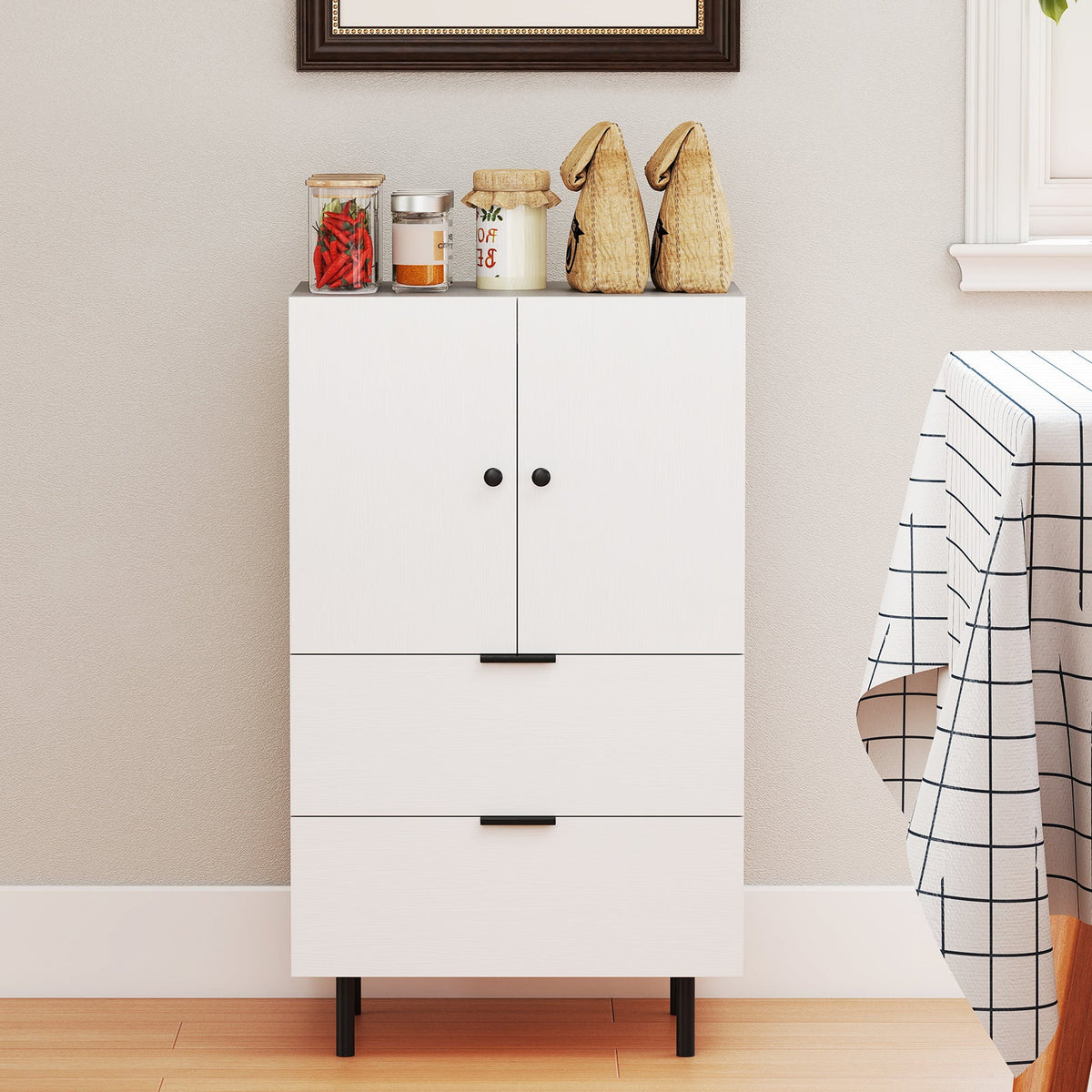 Sideboard Buffet Cabinet 2-Door Serving Cupboard with Drawers-White