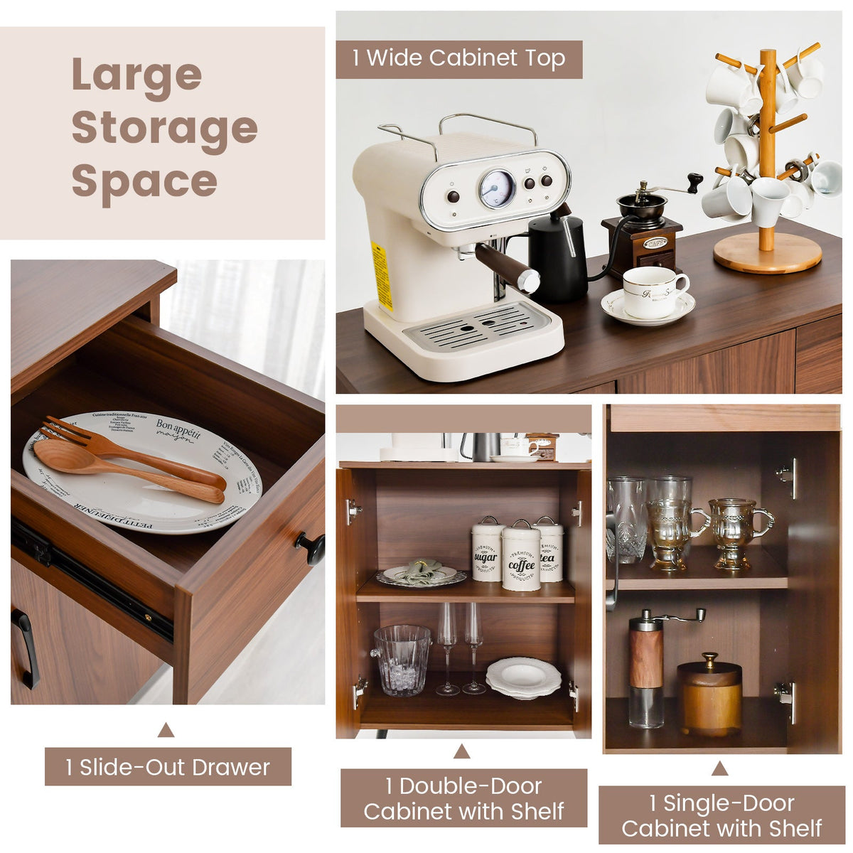 Sideboard Cabinet with 3 Doors and Pull out Drawer Adjustable Shelves-Walnut