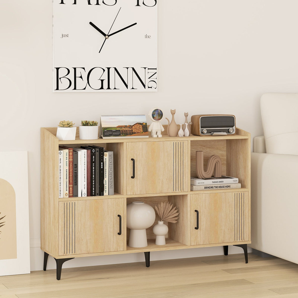 Sideboard Storage Cabinet Bookcase with 3 Doors and Open Compartments-Oak