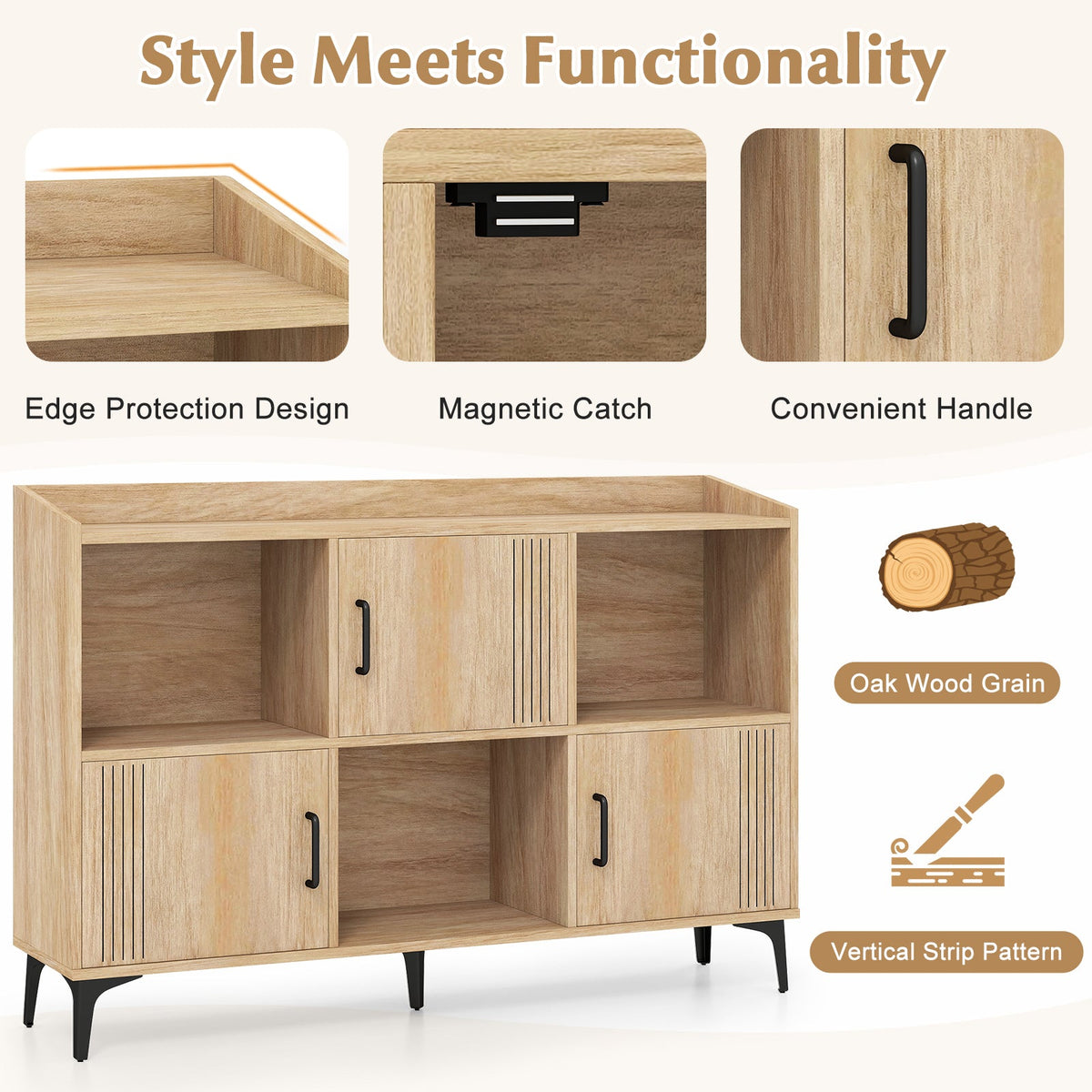 Sideboard Storage Cabinet Bookcase with 3 Doors and Open Compartments-Oak