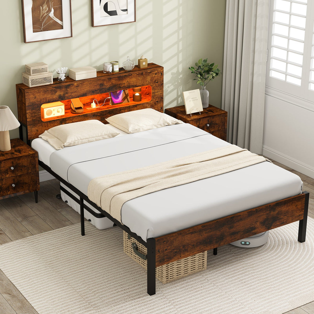 Slatted Full Bed Frame with LED Lights and Storage Headboard No Box Spring Needed-Full Size