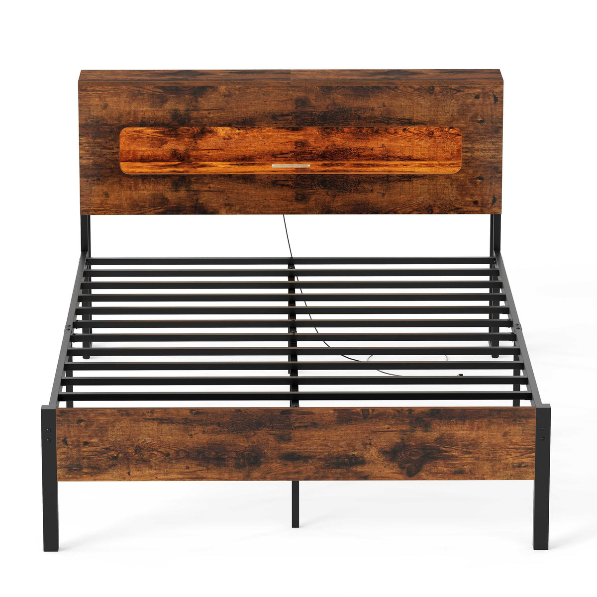Slatted Full Bed Frame with LED Lights and Storage Headboard No Box Spring Needed-Full Size