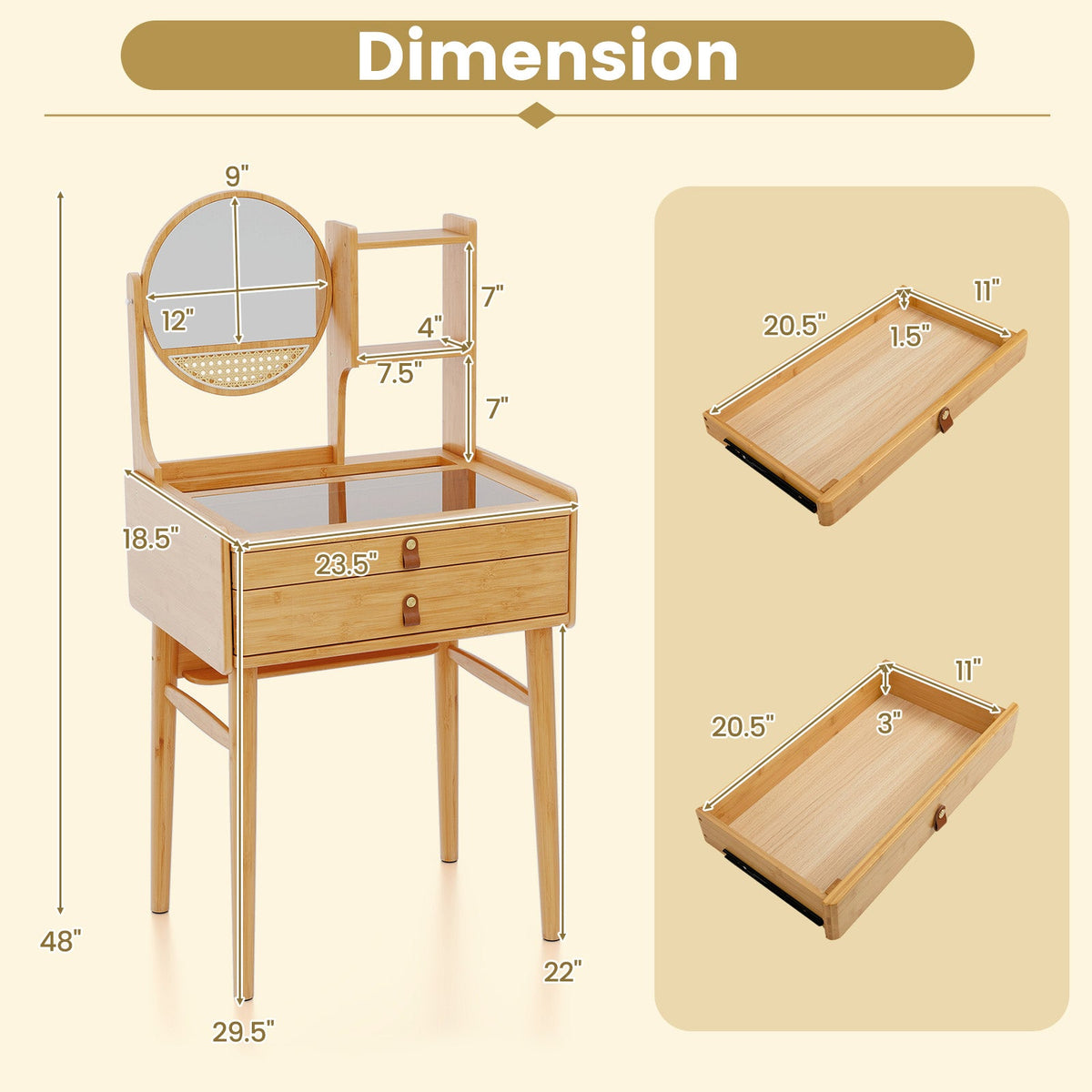 Small Vanity Desk 23.5 Inch Compact Makeup Table with Mirror-Natural