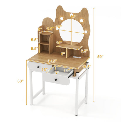 Small Vanity Desk with Mirror and Lights Cute Kitty Makeup Table with Power Outlets-Natural