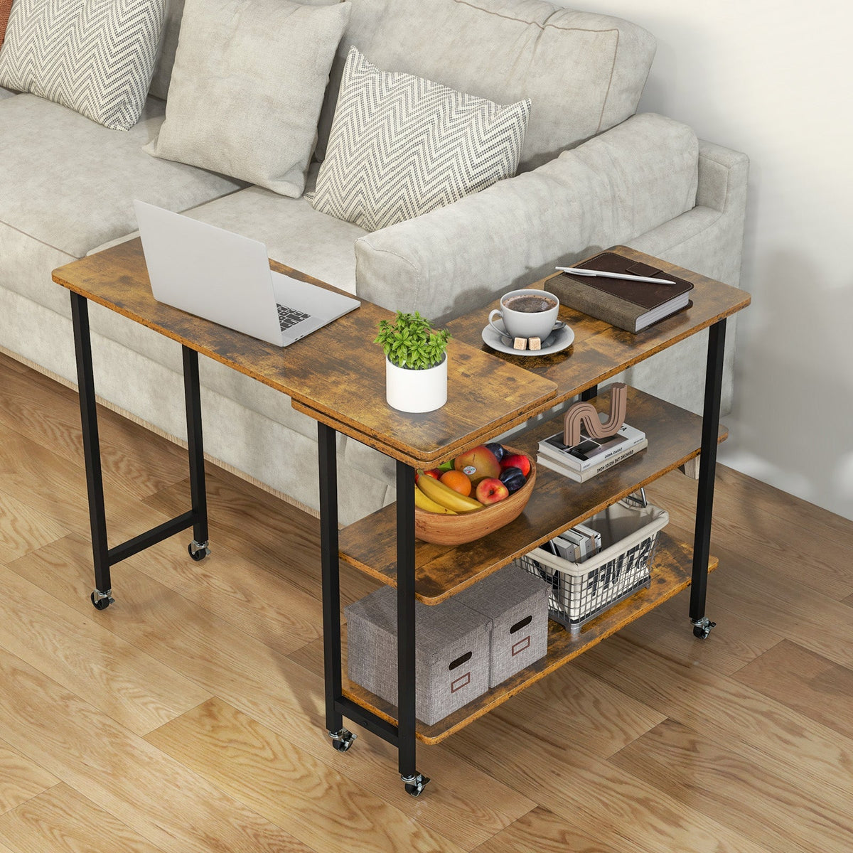 360° Rotating Sofa Side Table with 2-Tier Storage Shelves