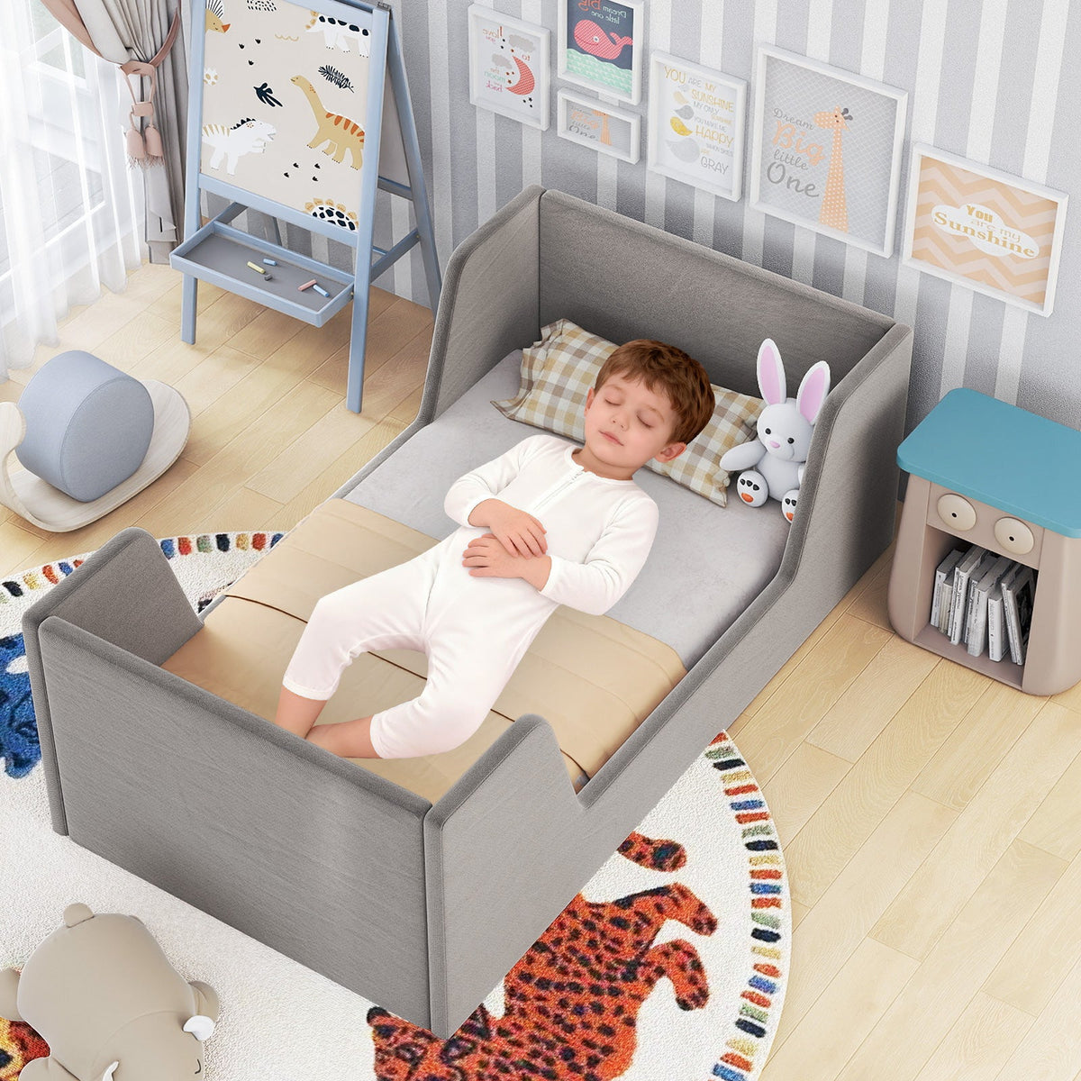 Soft Velvet Fabric Toddler Bed Frame with Safety Rails