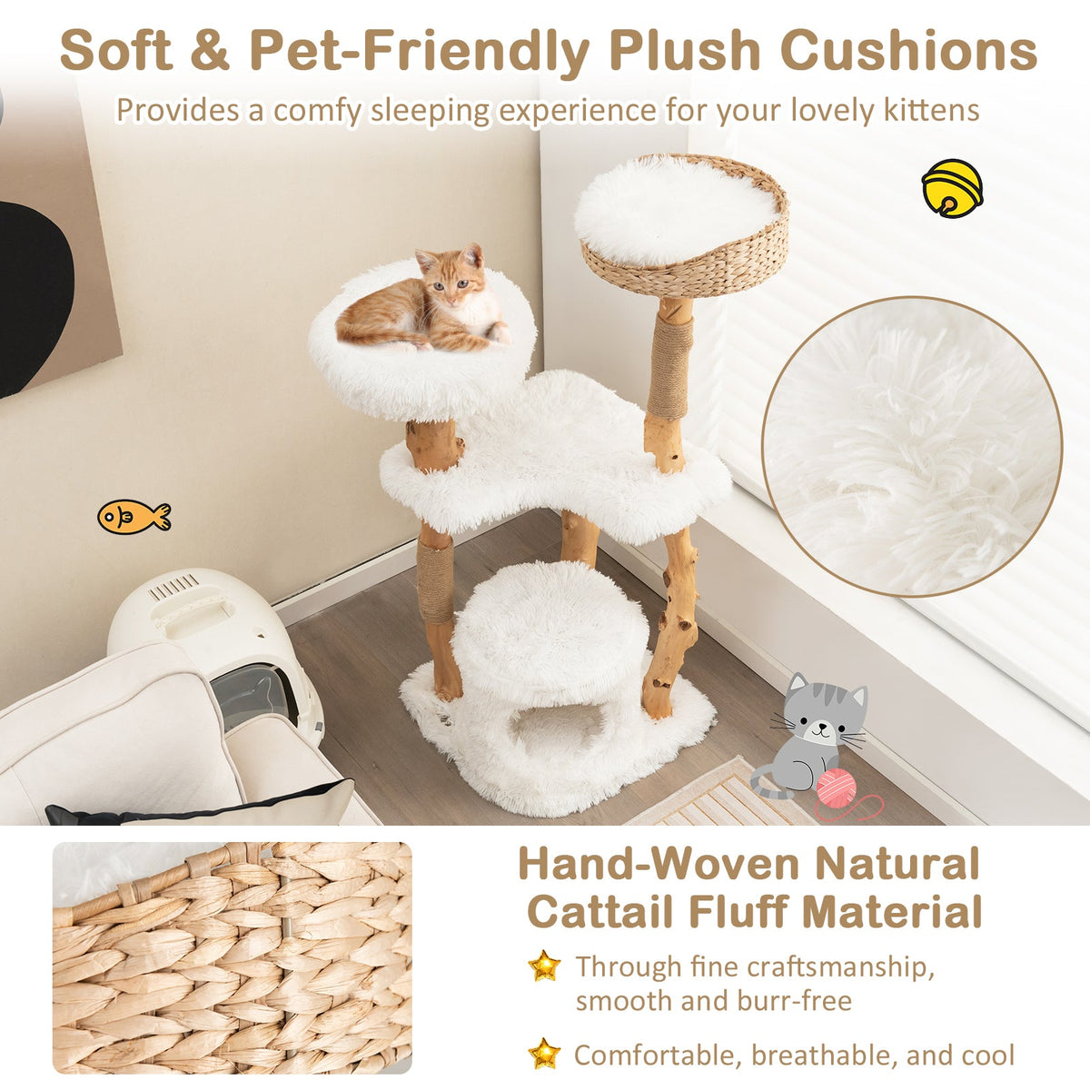 Solid Wood Cat Tower with Top Cattail Basket Cat Bed for Indoor Cats-White