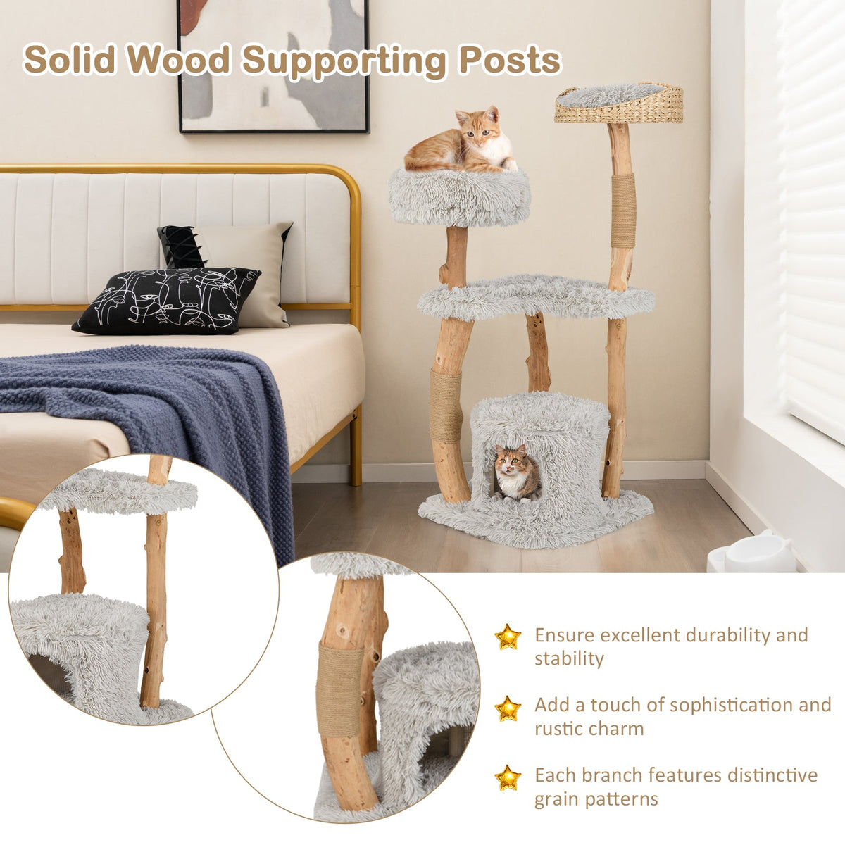 Solid Wood Cat Tower with Top Cattail Basket Cat Bed-Gray