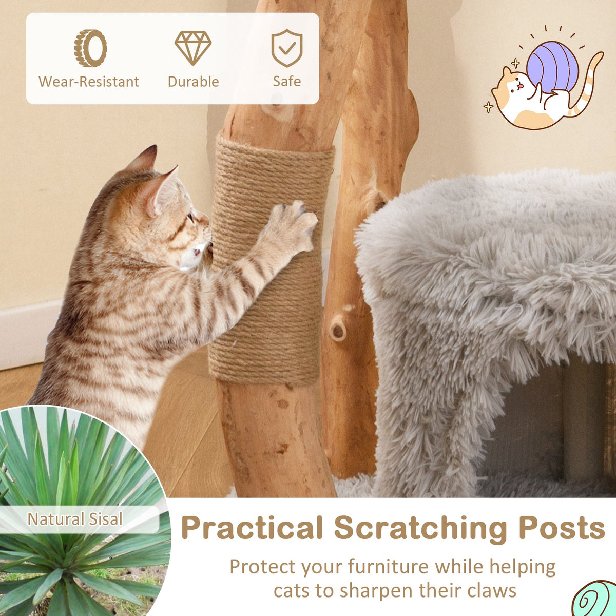 Solid Wood Cat Tower with Top Cattail Basket Cat Bed-Gray