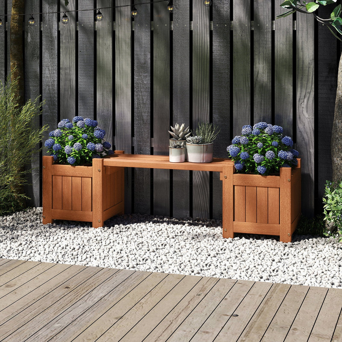 Solid Wood Flower Box Mini Outdoor Planter Boxes with Bench