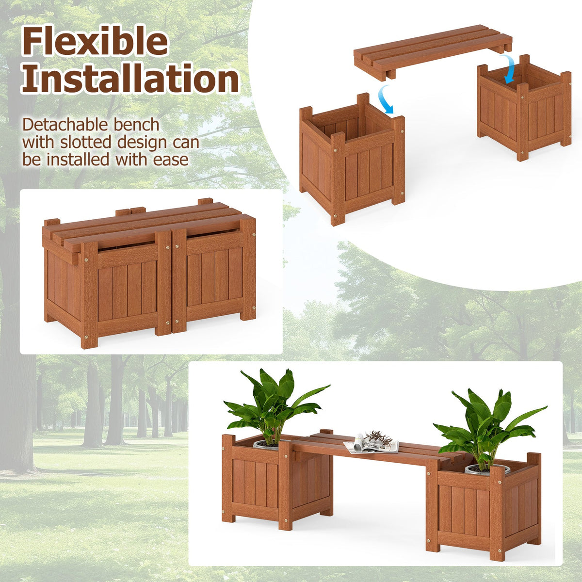 Solid Wood Flower Box Mini Outdoor Planter Boxes with Bench