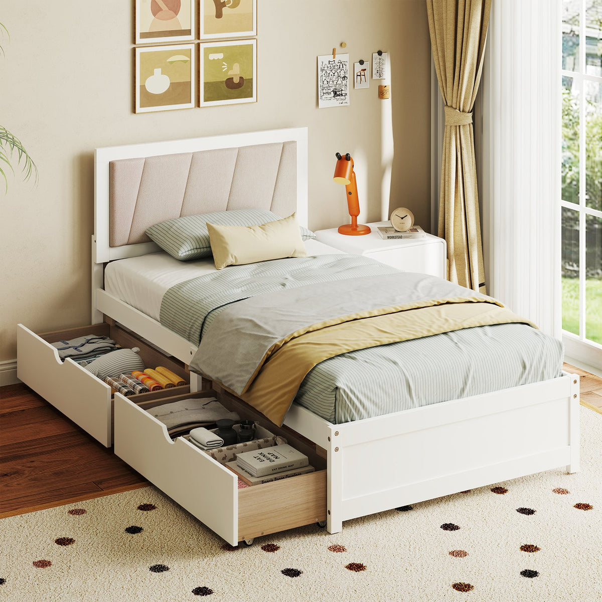 Solid Wood Structure Bed Frame with 2 Drawers Upholstered Headboard-Twin Size