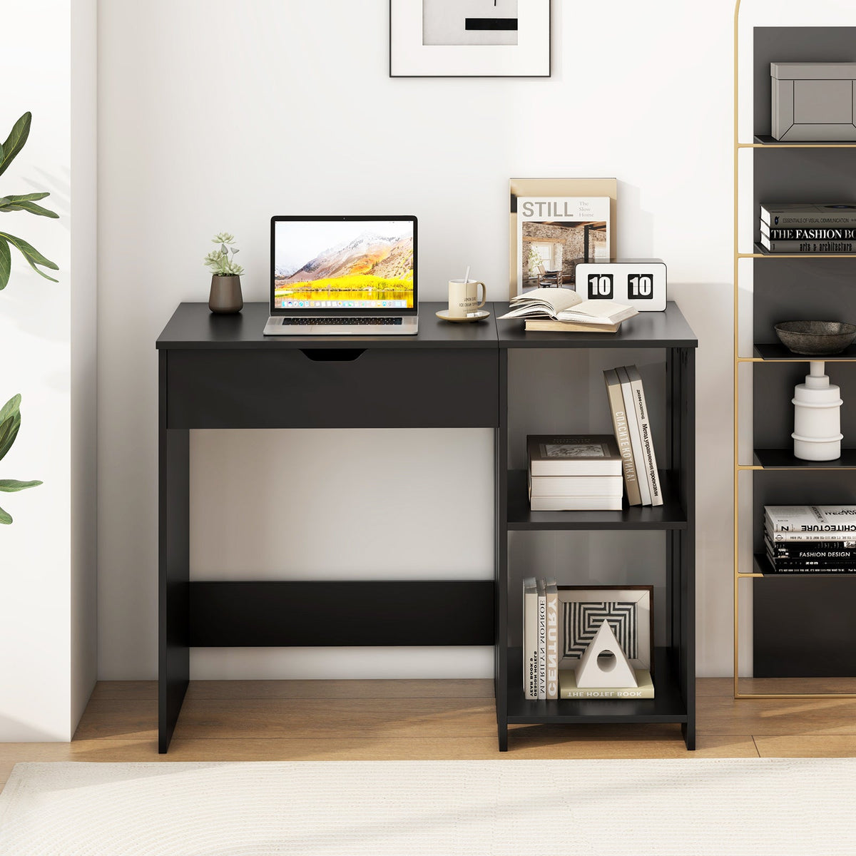 Space Saving Computer Desk with Hidden Compartment and Open Storage Shelves-Black
