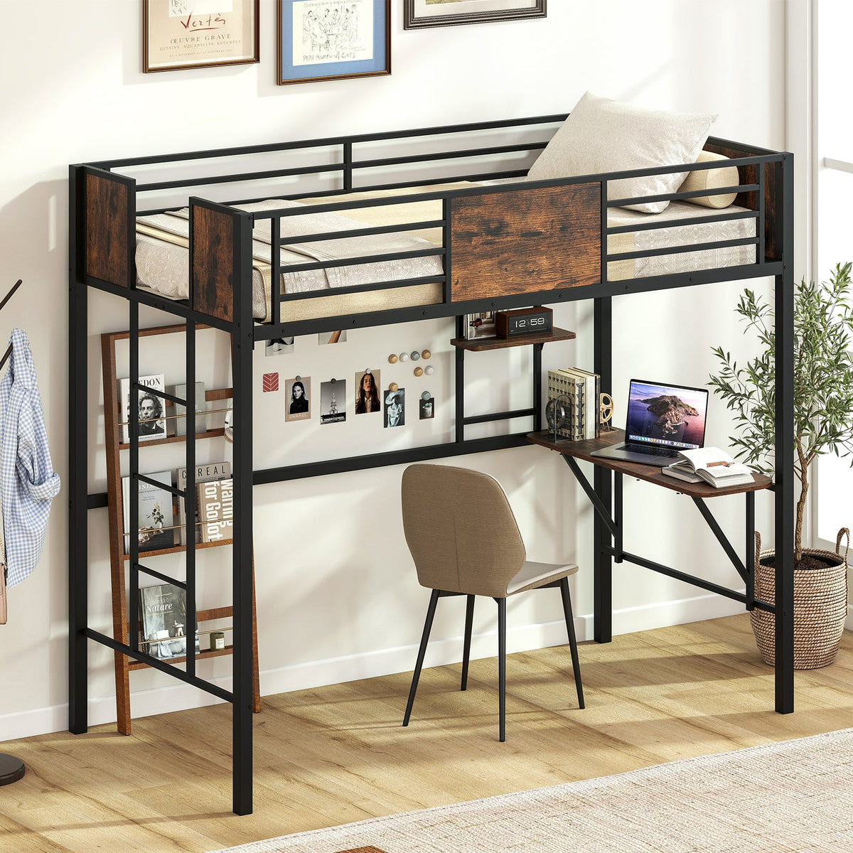 Space-Saving Twin Loft Bed with Safety Guardrail and Ladder-Coffee