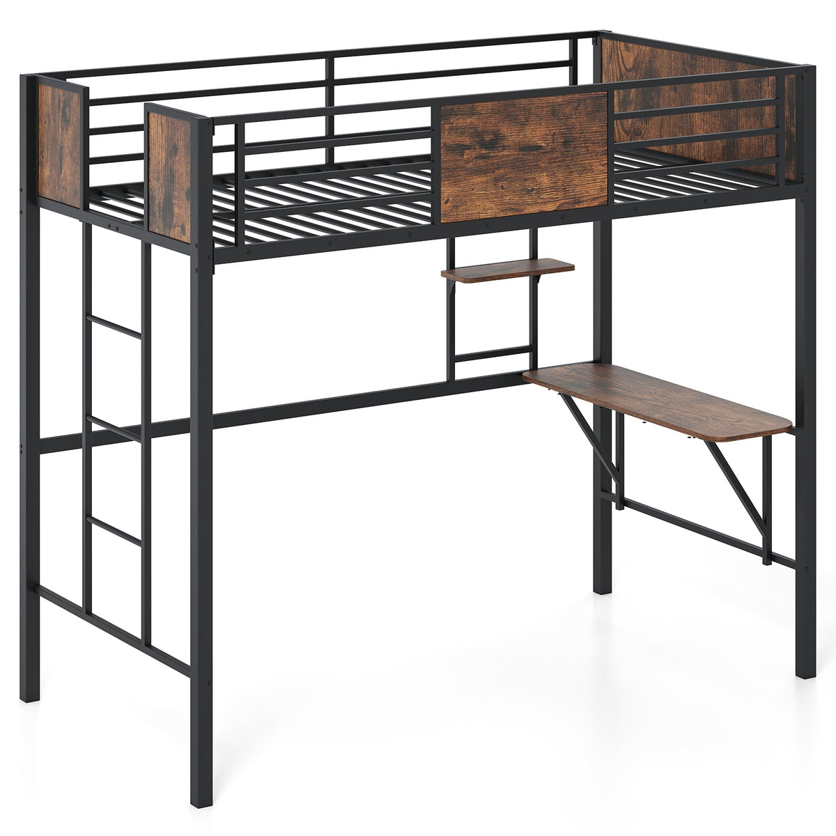 Space-Saving Twin Loft Bed with Safety Guardrail and Ladder-Coffee
