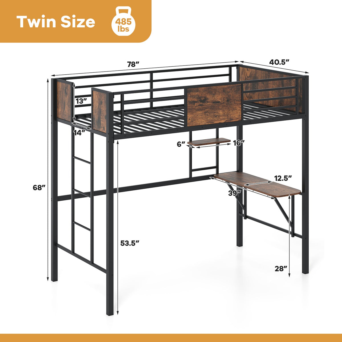 Space-Saving Twin Loft Bed with Safety Guardrail and Ladder-Coffee