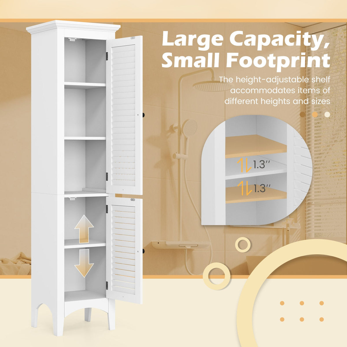 Tall Bathroom Floor Cabinet with Shutter Doors and Adjustable Shelf