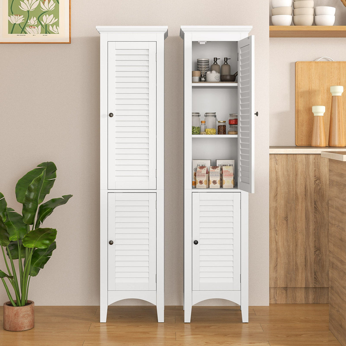 Tall Bathroom Floor Cabinet with Shutter Doors and Adjustable Shelf