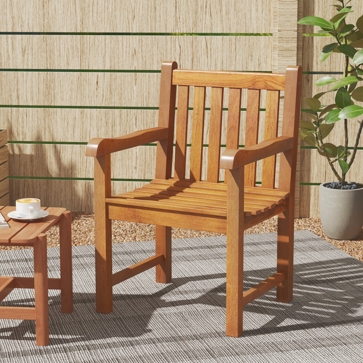 Teak Wood Patio Dining Chair with Slatted Seat Backrest and Solid Legs
