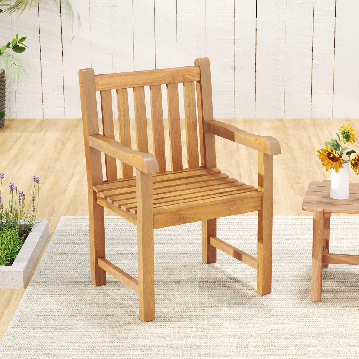 Teak Wood Patio Dining Chair with Slatted Seat Backrest and Solid Legs