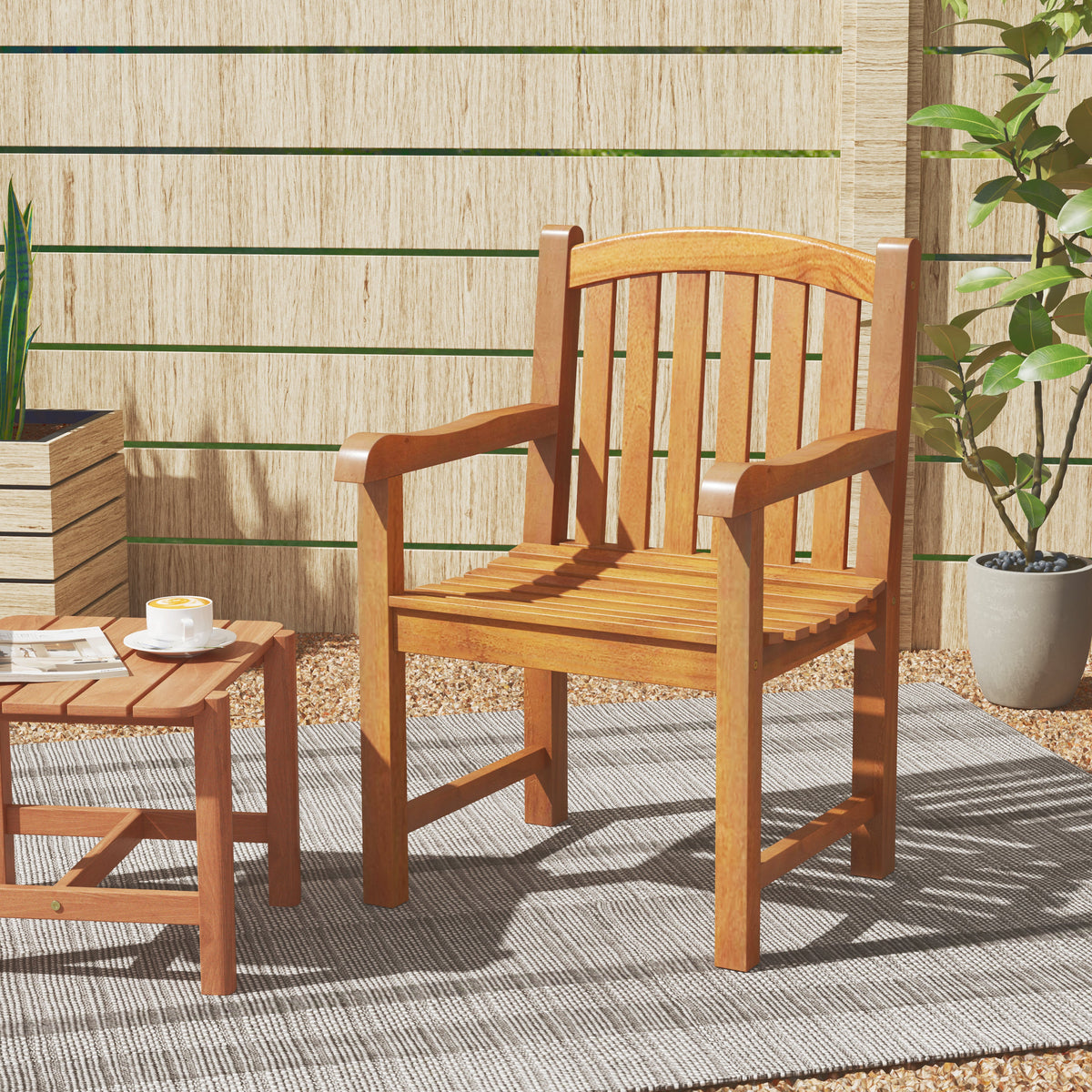 Patio Teak Wood Dining Chair with Slatted Seat Backrest and Solid Legs
