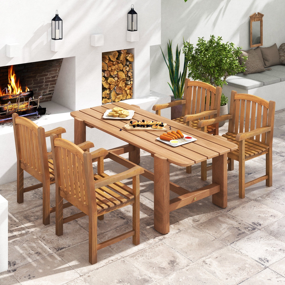Patio Teak Wood Dining Chair with Slatted Seat Backrest and Solid Legs