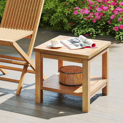 Teak Wood Square Side Table with Open Shelf for Small Space