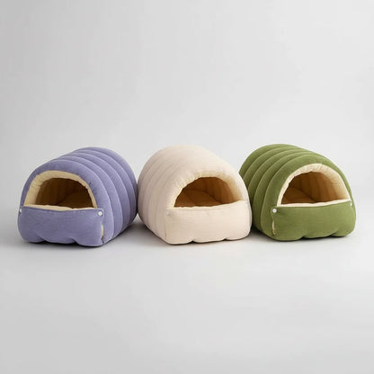 Kawaii Winter Plush Cat Cave Bed – Warm Enclosed Pet House with Removable Washable Cover (3 Colors, M & L)